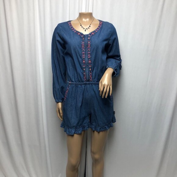 Silver Jeans Co Romper Youth XL 14-16 Blue Denim Embroidered Zippered Shorts - Picture 1 of 10